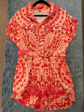 FARM Rio Coral and Red Floral Belted Romper